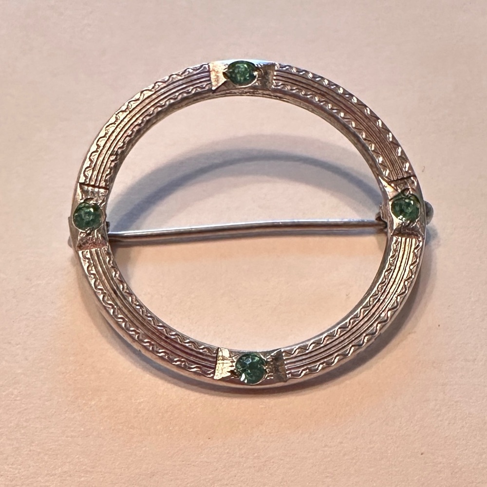 Elegant Vintage Sterling Silver and Green Brooch